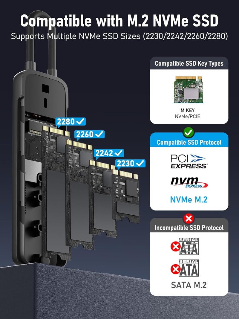 Lemorele M.2 NVMe Enclosure,USB 3.2 Gen2 10Gbps Tool-Free,SSD Enclosure for PCIe M-Key,Nvme USB Adapter Support UASP Trim for 2280 2260 2242 2230(Sata NOT Supported) - Image 2